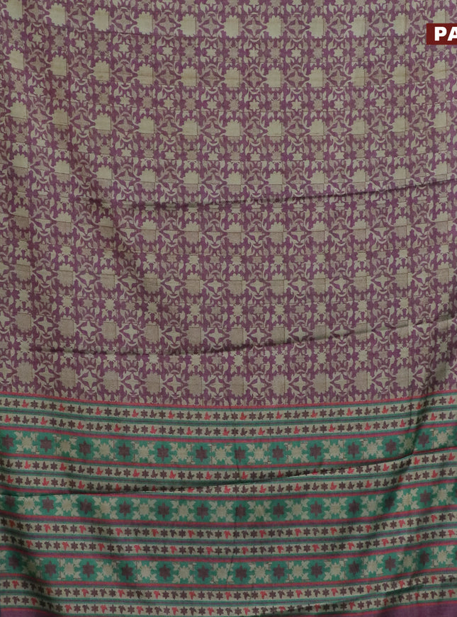 Semi kanchipuram silk saree mild purple and teal green with allover digital prints and zari woven border