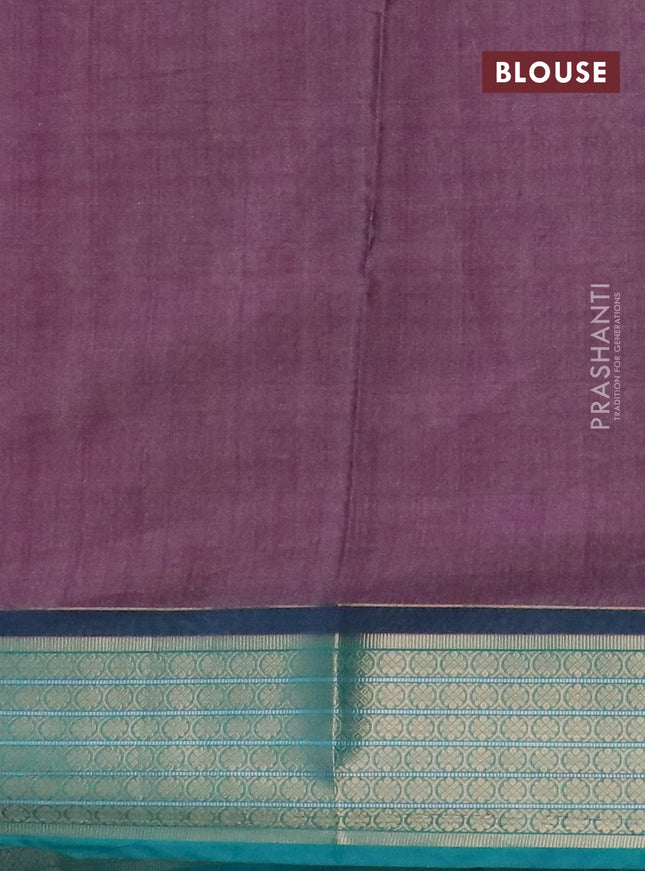 Semi kanchipuram silk saree mild purple and teal green with allover digital prints and zari woven border