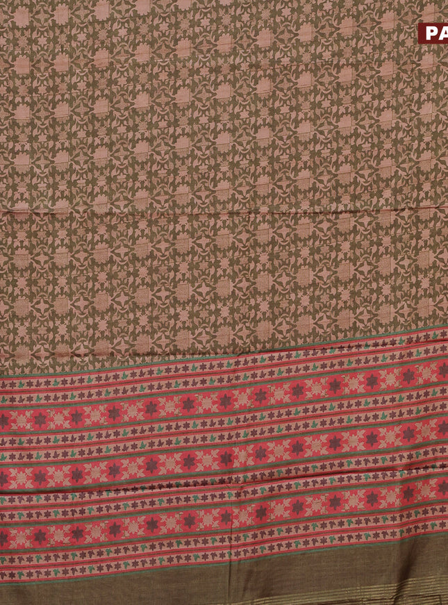 Semi kanchipuram silk saree olive green and red with allover digital prints and zari woven border