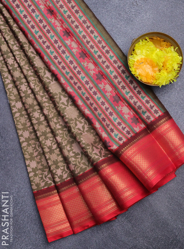 Semi kanchipuram silk saree olive green and red with allover digital prints and zari woven border