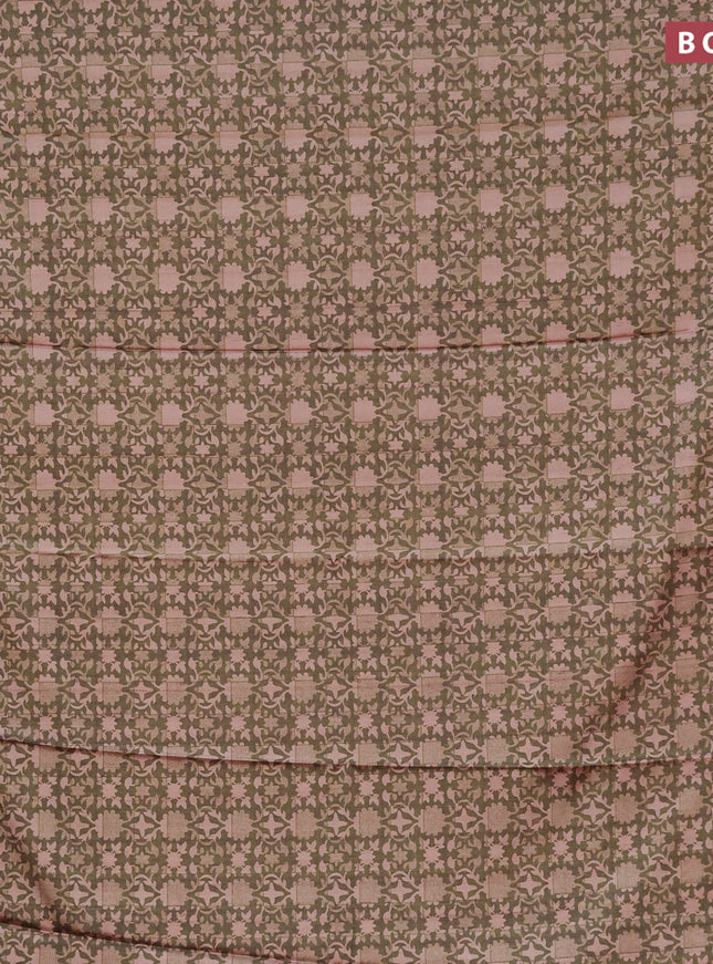 Semi kanchipuram silk saree olive green and red with allover digital prints and zari woven border