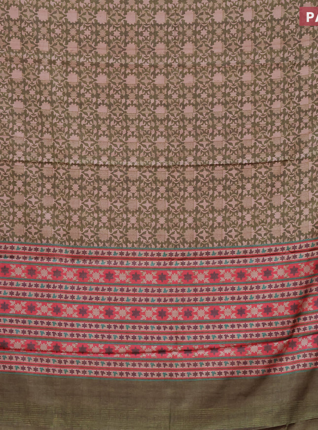 Semi kanchipuram silk saree olive green and red with allover digital prints and zari woven border