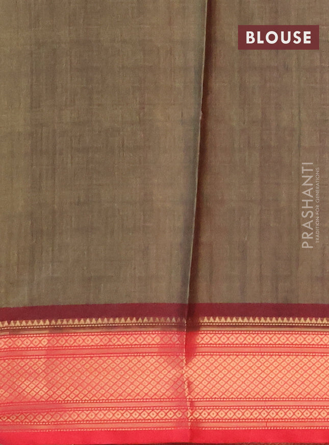 Semi kanchipuram silk saree olive green and red with allover digital prints and zari woven border
