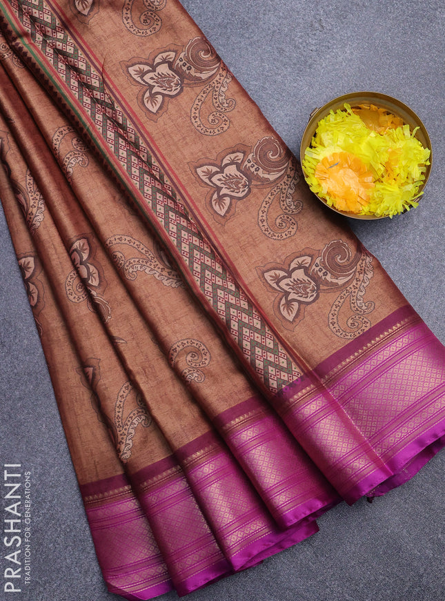 Semi kanchipuram silk saree brown and purple with allover floral butta prints and zari woven border