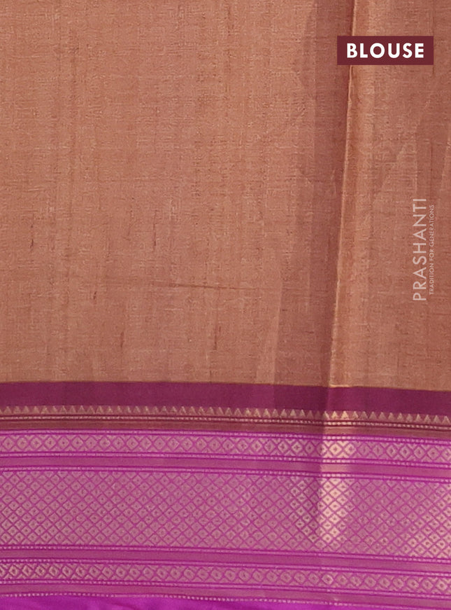 Semi kanchipuram silk saree brown and purple with allover floral butta prints and zari woven border