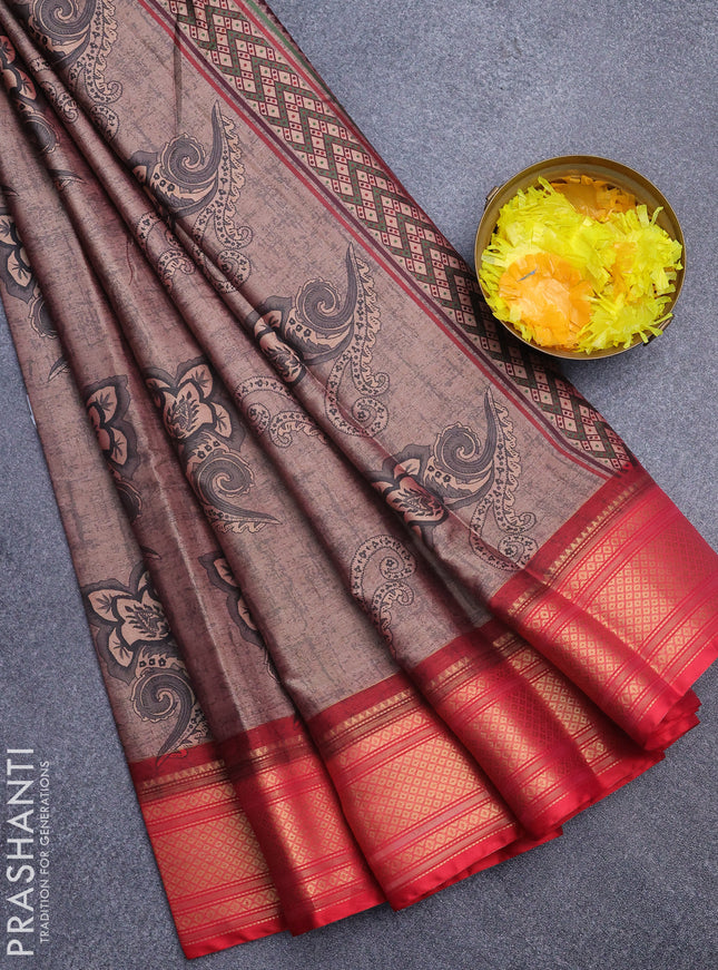 Semi kanchipuram silk saree pastel brown grey and red with allover floral butta prints and zari woven border