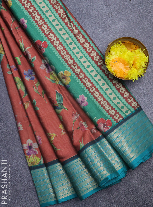 Semi kanchipuram silk saree rust shade and teal green with floral digital prints and zari woven border