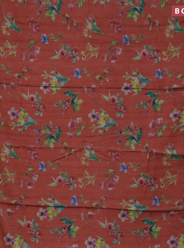 Semi kanchipuram silk saree rust shade and teal green with floral digital prints and zari woven border