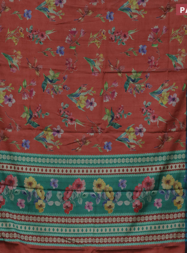 Semi kanchipuram silk saree rust shade and teal green with floral digital prints and zari woven border