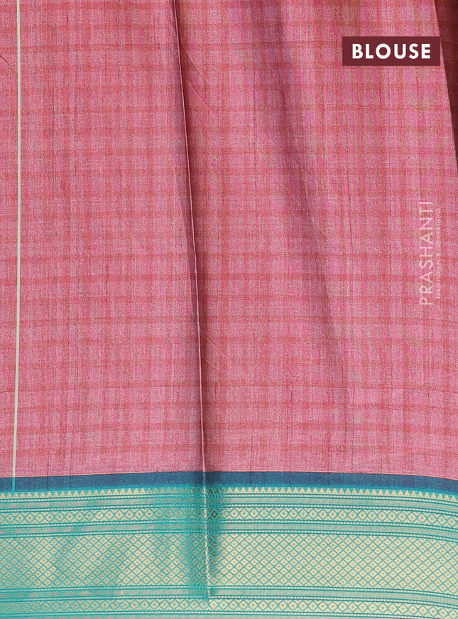 Semi kanchipuram silk saree pink and teal green with allover kalamkari prints and zari woven border