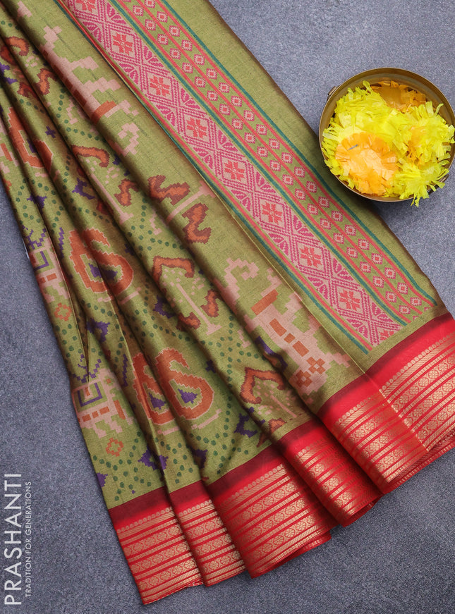 Semi kanchipuram silk saree mehendi green and red with allover digital prints and zari woven border