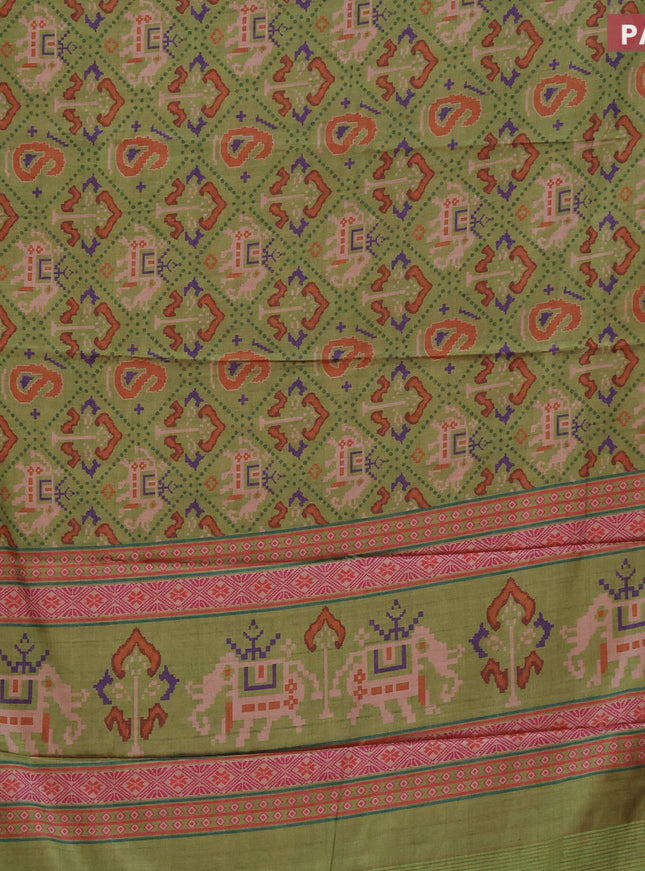 Semi kanchipuram silk saree mehendi green and red with allover digital prints and zari woven border