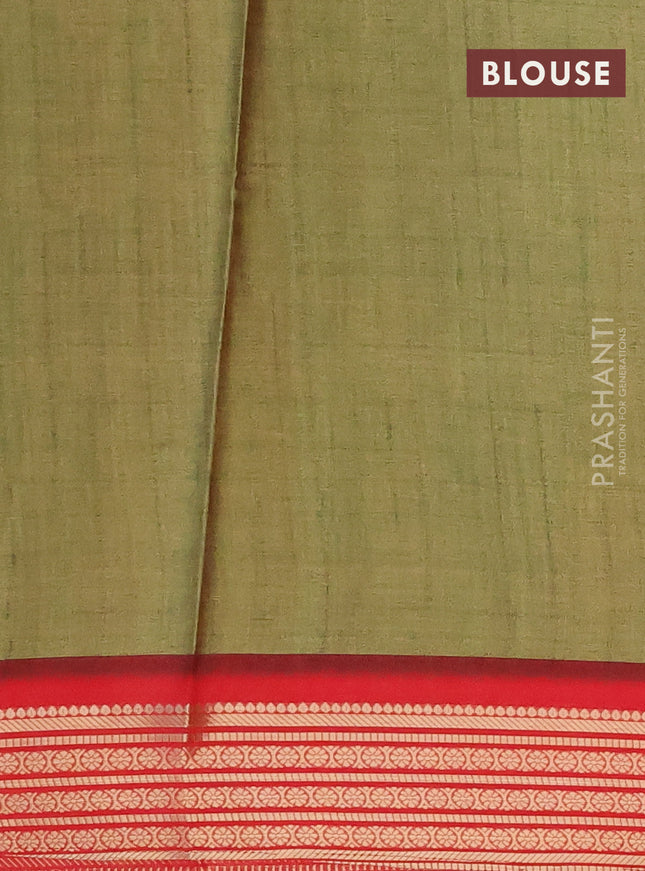Semi kanchipuram silk saree mehendi green and red with allover digital prints and zari woven border