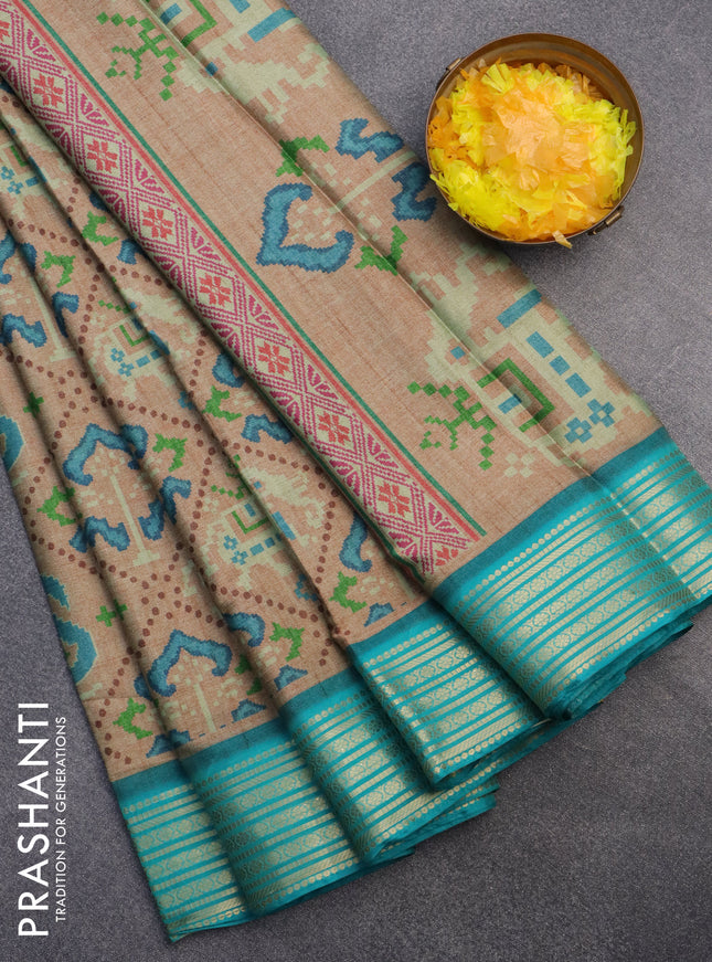 Semi kanchipuram silk saree sandal and teal blue with allover digital prints and zari woven border