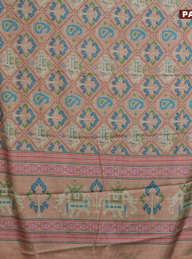 Semi kanchipuram silk saree sandal and teal blue with allover digital prints and zari woven border