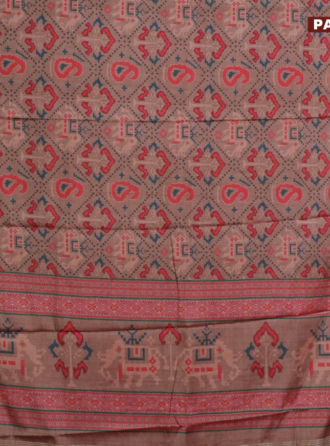 Semi kanchipuram silk saree brown and red with allover digital prints and zari woven border