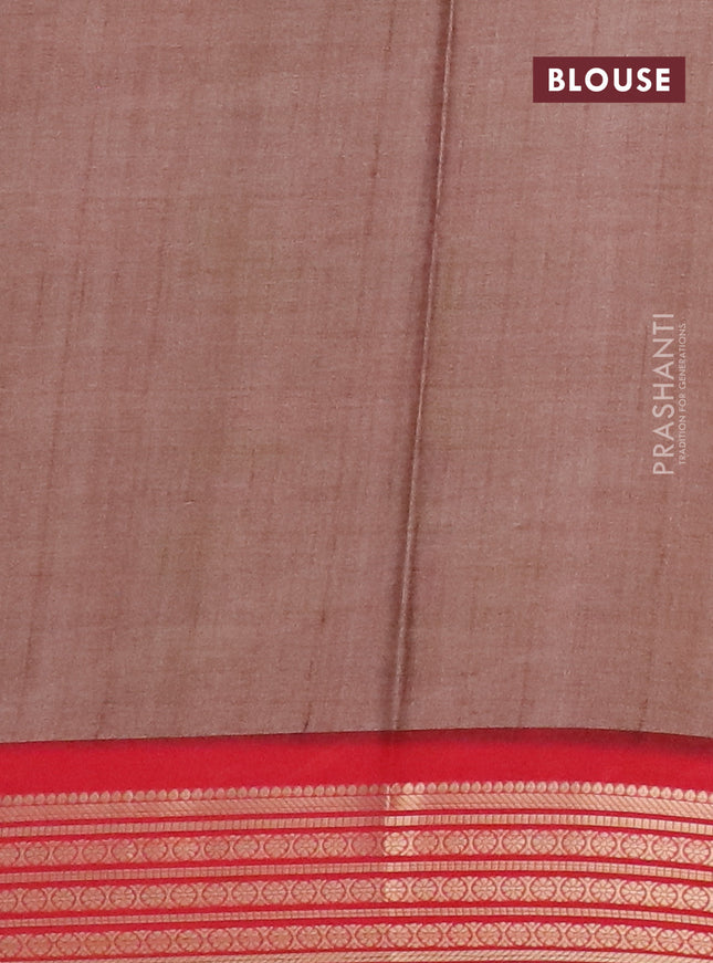 Semi kanchipuram silk saree brown and red with allover digital prints and zari woven border