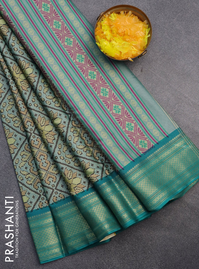 Semi kanchipuram silk saree grey shade and teal green with allover digital prints and zari woven border