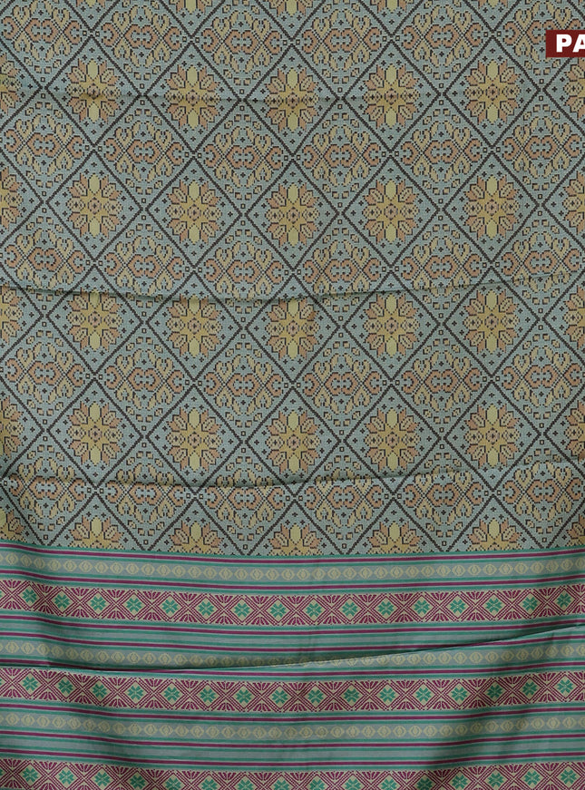 Semi kanchipuram silk saree grey shade and teal green with allover digital prints and zari woven border