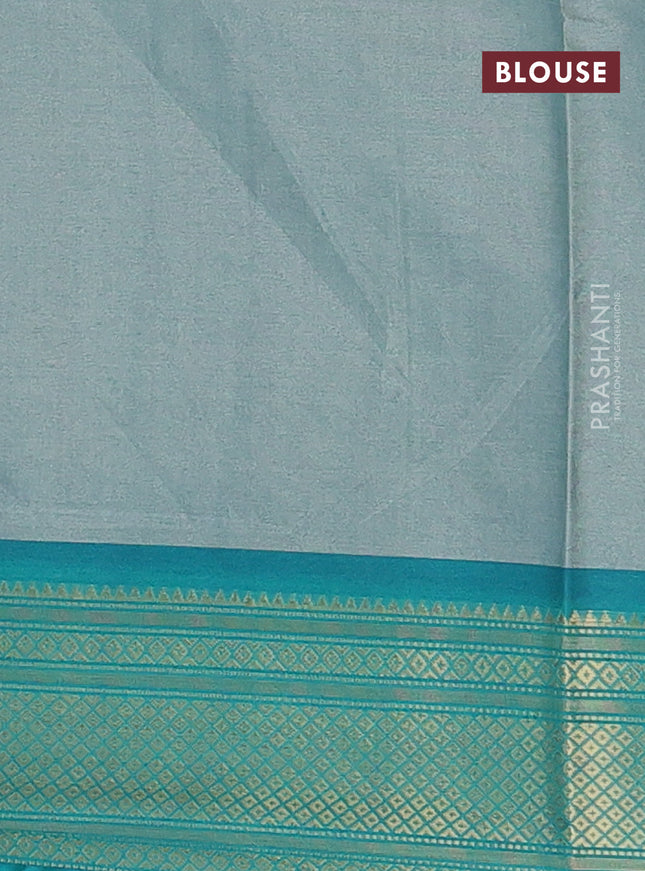 Semi kanchipuram silk saree grey shade and teal green with allover digital prints and zari woven border