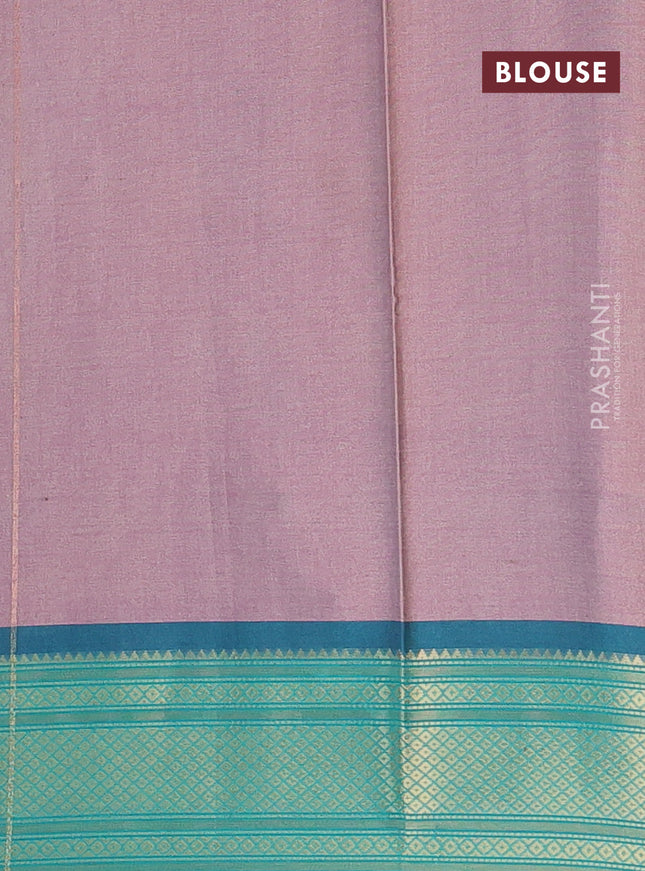 Semi kanchipuram silk saree pastel pink and teal green with allover digital prints and zari woven border