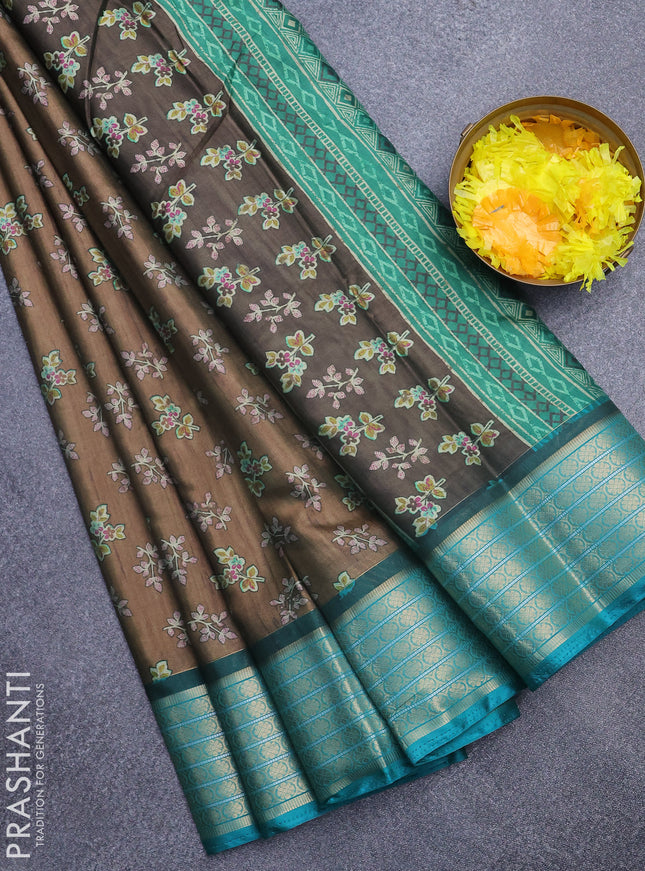 Semi kanchipuram silk saree brown and teal green with allover butta digital prints and zari woven border