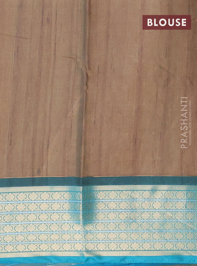 Semi kanchipuram silk saree brown and teal green with allover butta digital prints and zari woven border