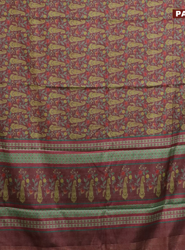 Semi kanchipuram silk saree brown and teal green with allover digital prints and zari woven border