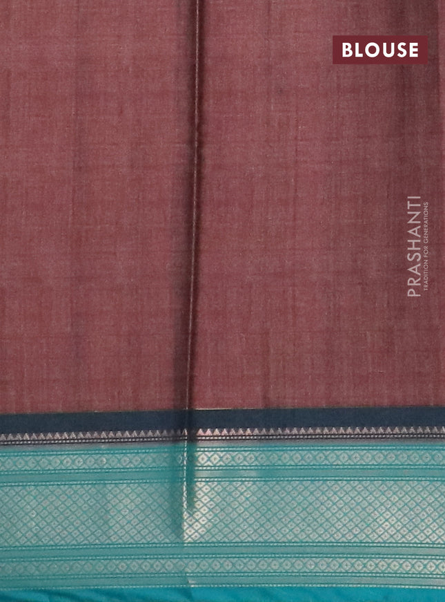 Semi kanchipuram silk saree brown and teal green with allover digital prints and zari woven border