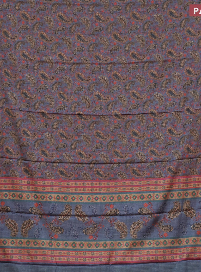 Semi kanchipuram silk saree grey and red with allover digital prints and zari woven border