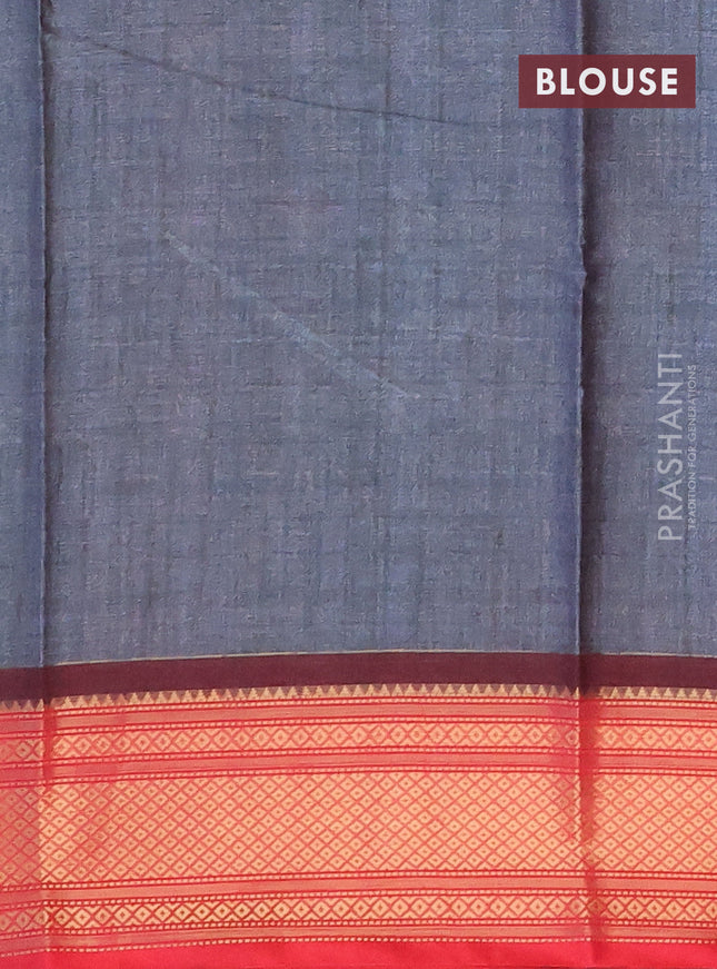 Semi kanchipuram silk saree grey and red with allover digital prints and zari woven border