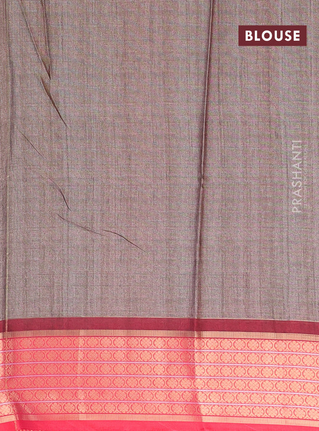 Semi kanchipuram silk saree grey and red with allover ikat digital prints and zari woven border