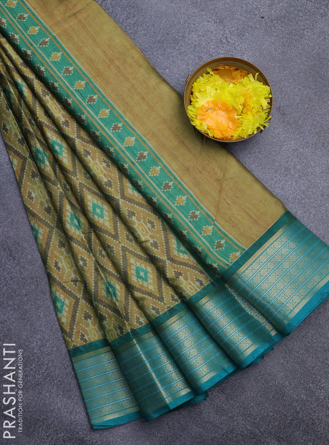 Semi kanchipuram silk saree mustard shade and teal green with allover ikat digital prints and zari woven border