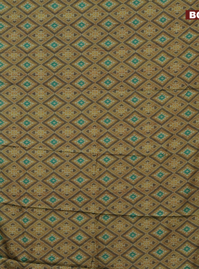 Semi kanchipuram silk saree mustard shade and teal green with allover ikat digital prints and zari woven border