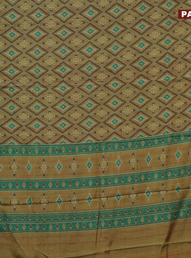 Semi kanchipuram silk saree mustard shade and teal green with allover ikat digital prints and zari woven border