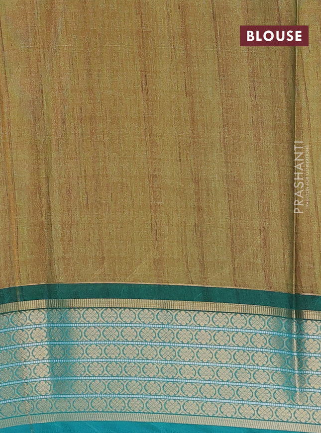 Semi kanchipuram silk saree mustard shade and teal green with allover ikat digital prints and zari woven border