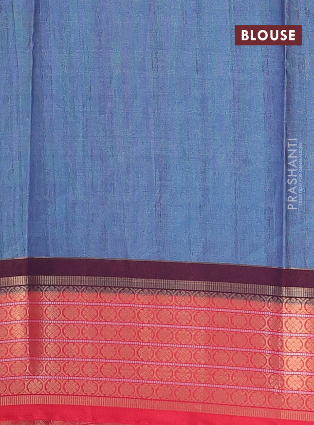 Semi kanchipuram silk saree cs blue and red with allover ikat digital prints and zari woven border