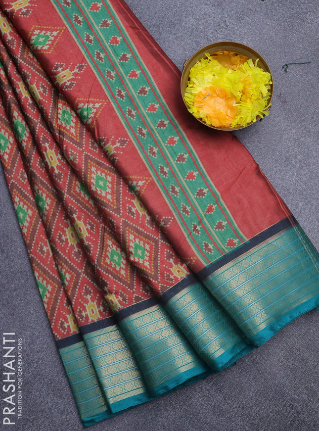 Semi kanchipuram silk saree red and teal green with allover ikat digital prints and zari woven border