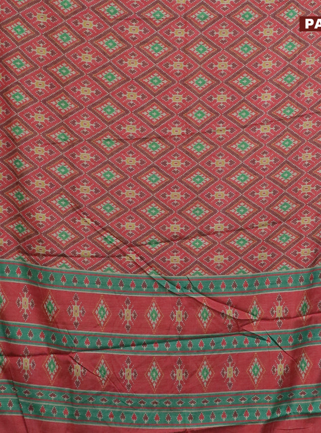 Semi kanchipuram silk saree red and teal green with allover ikat digital prints and zari woven border