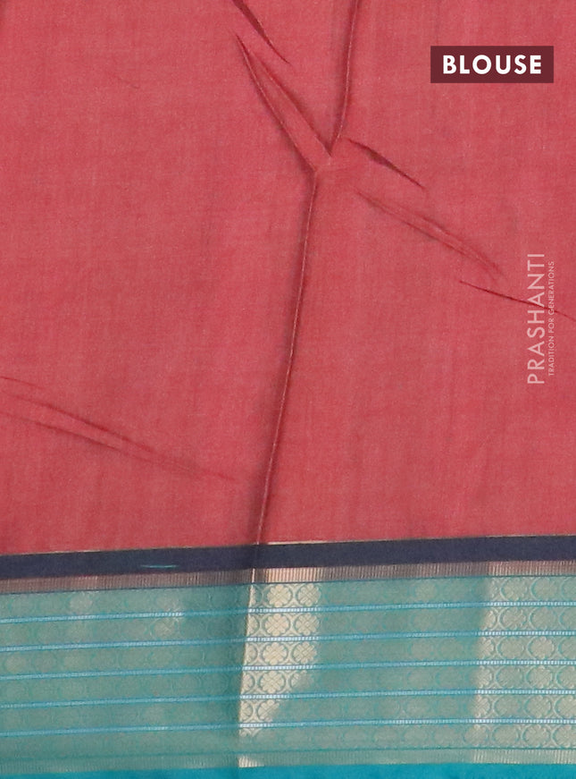 Semi kanchipuram silk saree red and teal green with allover ikat digital prints and zari woven border
