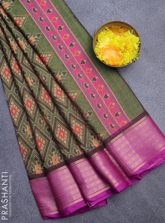 Semi kanchipuram silk saree green shade and purple with allover ikat digital prints and zari woven border