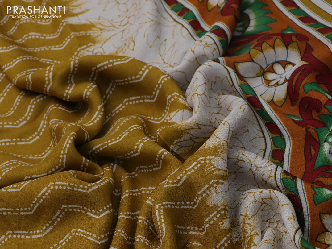 Semi georgette saree mustard yellow with allover zig zag prints and long zari woven border