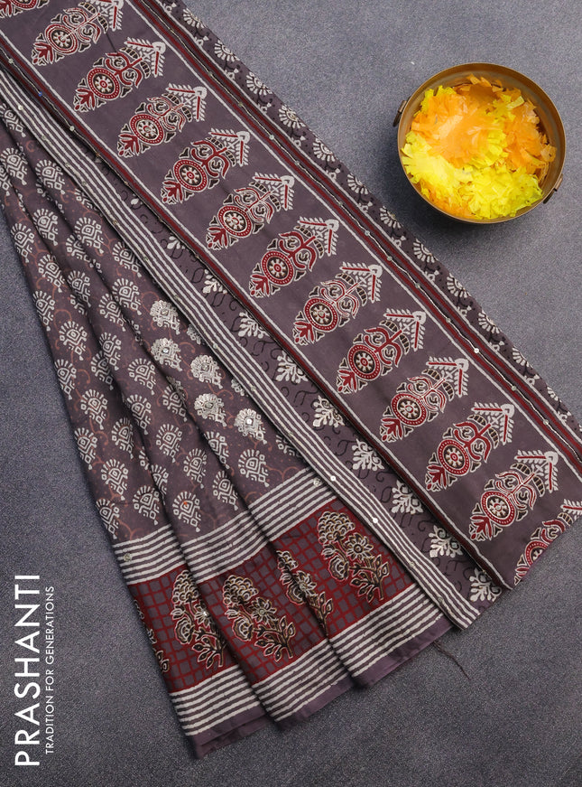 Muslin silk saree grey and maroon with allover butta prints & pita work and printed border