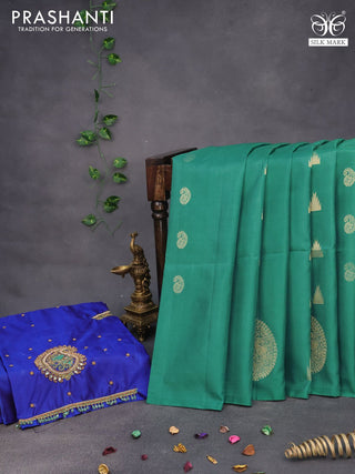 Pure kanchipuram silk saree green and royal blue with paisley & temple zari woven buttas in borderless style & aari work blouse