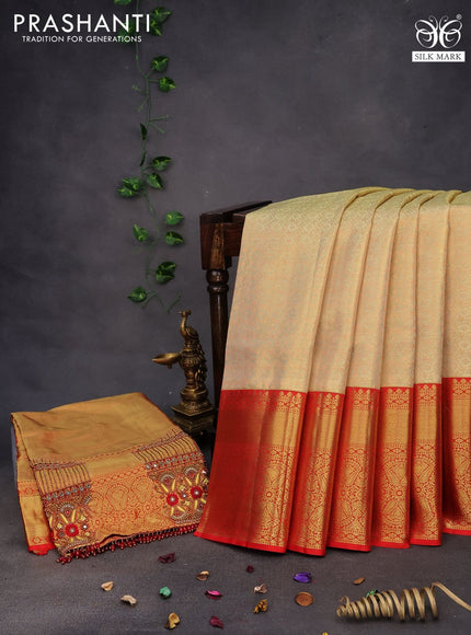 Pure kanchipuram tissue silk saree pista green and red with allover copper zari woven brocade weaves and long zari woven border & aari work blouse