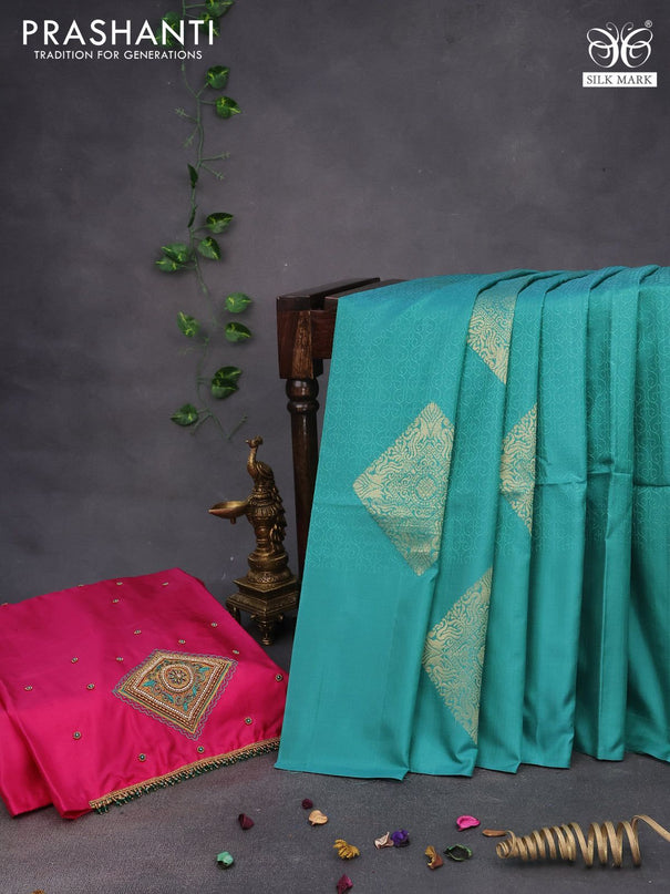 Pure kanchipuram silk saree teal green shade and pink with allover self emboss and zari woven butta border & aari work blouse
