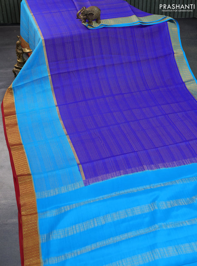 Pure mysore silk saree royal blue and cs blue red with allover zari woven stripes pattern and zari woven border