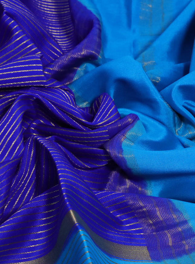 Pure mysore silk saree royal blue and cs blue red with allover zari woven stripes pattern and zari woven border