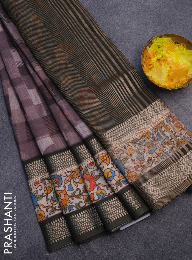 Muslin silk saree rosy brown and sap green with allover stripes pattern and rettapet zari woven kalamkari printed border