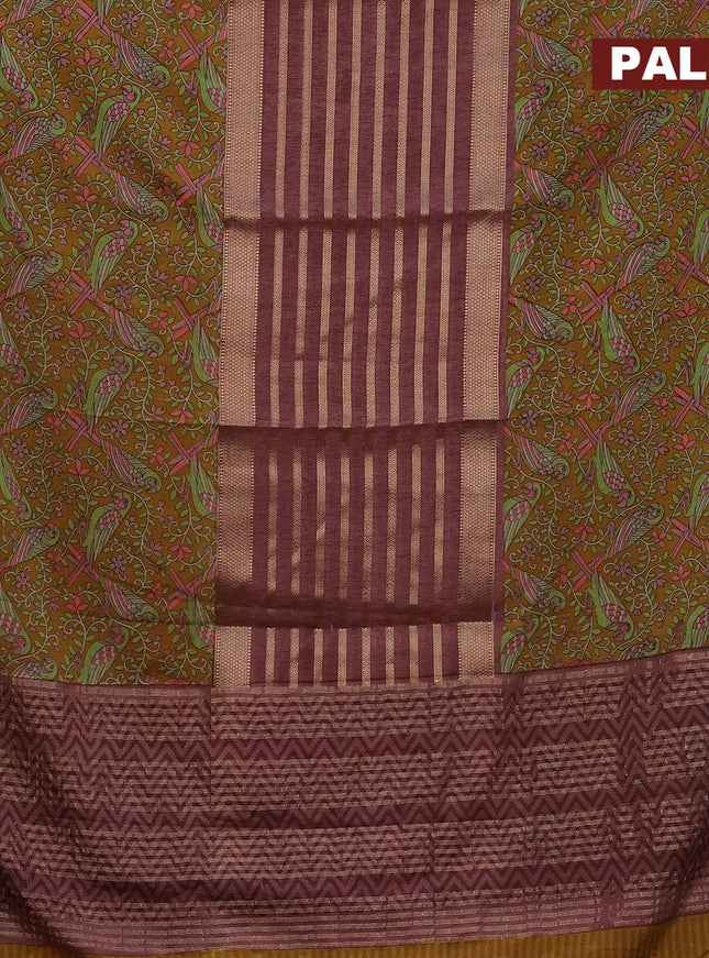 Semi crepe saree pastel maroon shade and mustard yellow with zari weaves and long kalamkari printed zari border